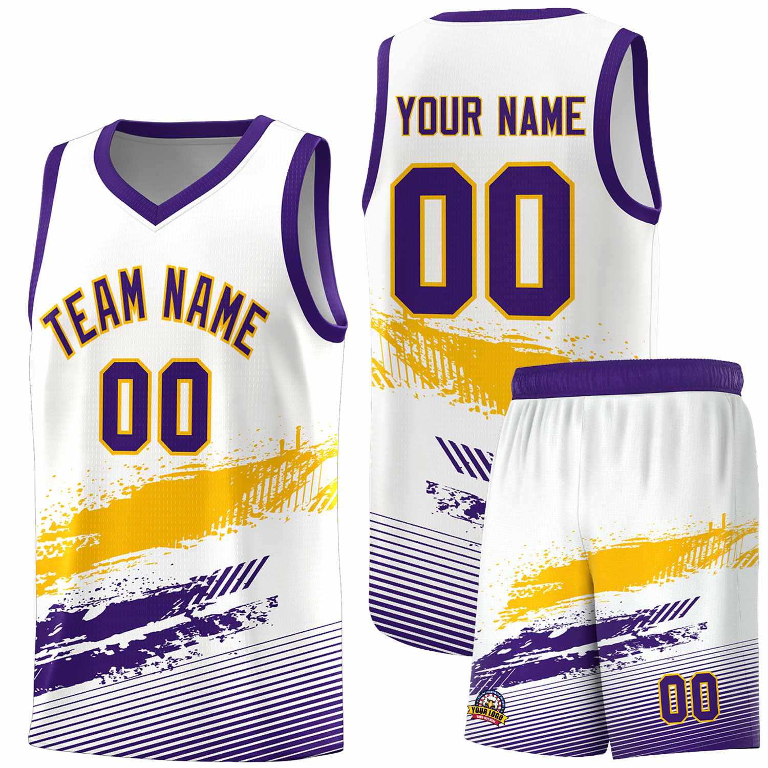Custom White Yellow and Purple Graffiti Pattern Sports Uniform Basketball Jersey