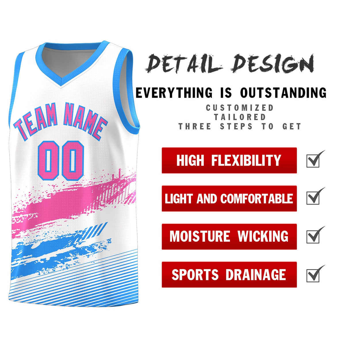 Custom White Pink and Powder Blue Graffiti Pattern Sports Uniform Basketball Jersey