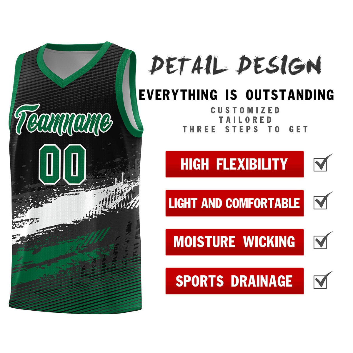 Custom Black White and Kelly Green Graffiti Pattern Sports Uniform Basketball Jersey