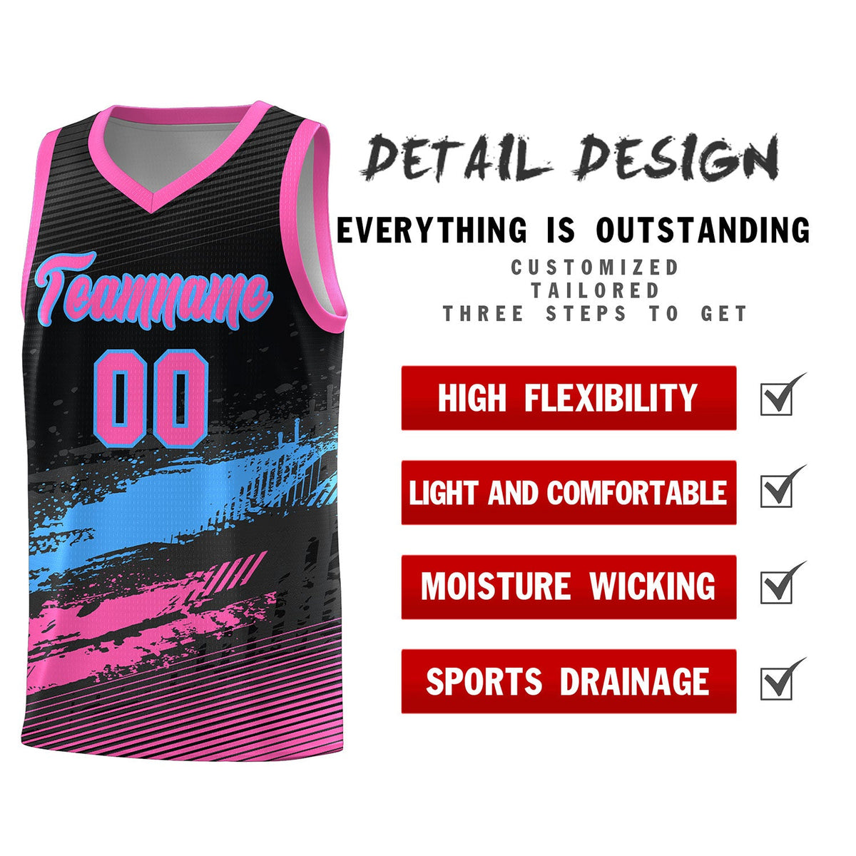 Custom Black Powder Blue and Pink Graffiti Pattern Sports Uniform Basketball Jersey
