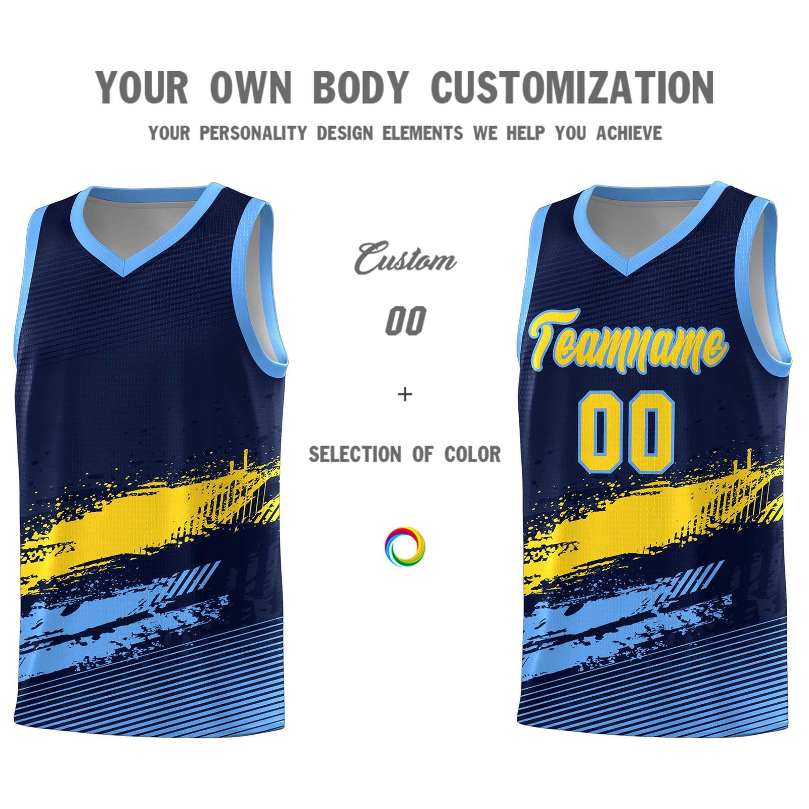 Custom Navy Gold and Powder Blue Graffiti Pattern Sports Uniform Basketball Jersey