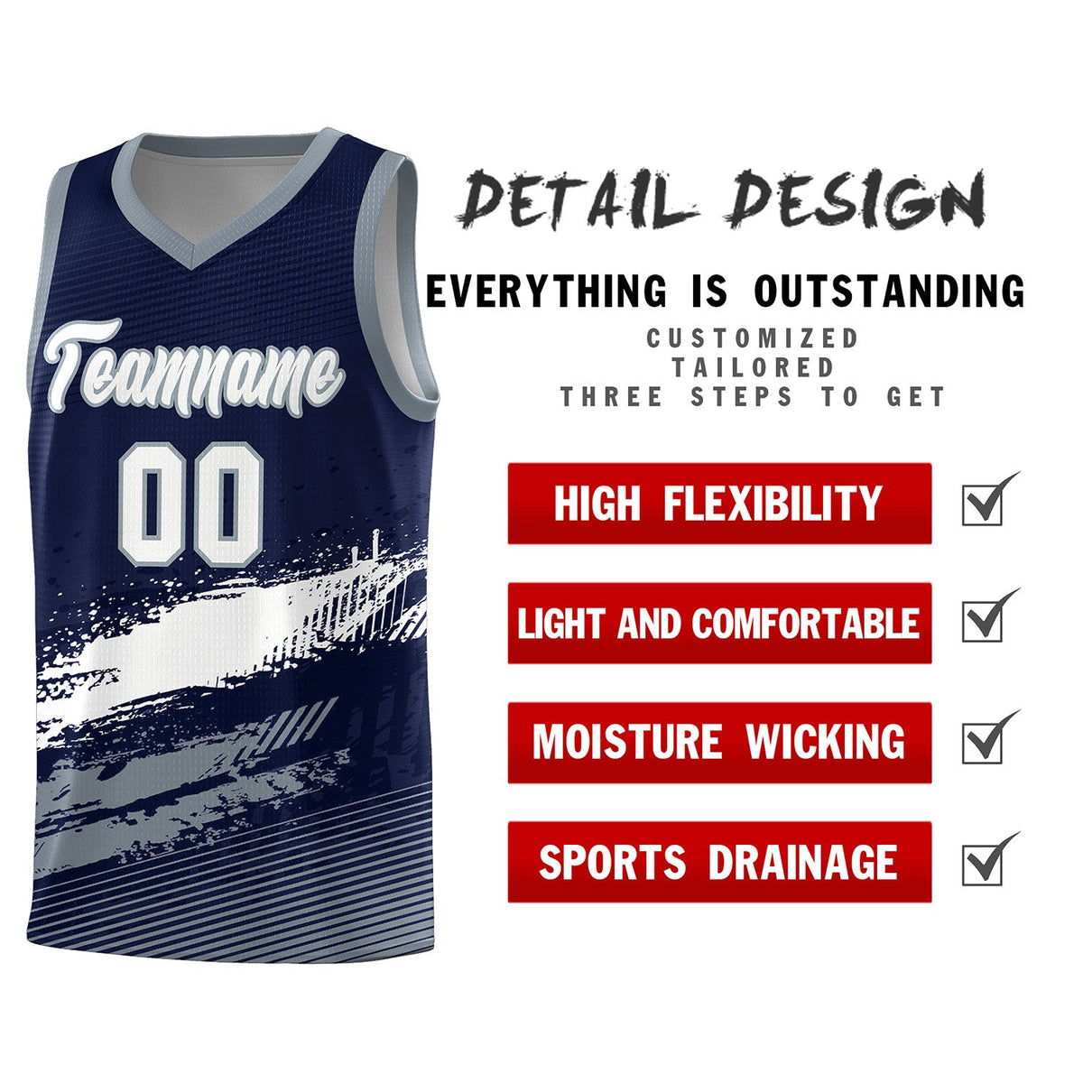 Custom Navy White and Gray Graffiti Pattern Sports Uniform Basketball Jersey