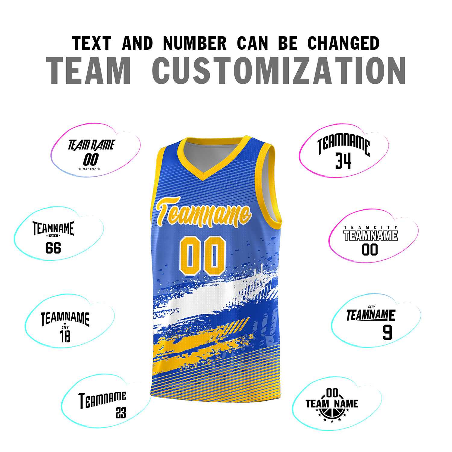 Custom Royal White and Yellow Graffiti Pattern Sports Uniform Basketball Jersey