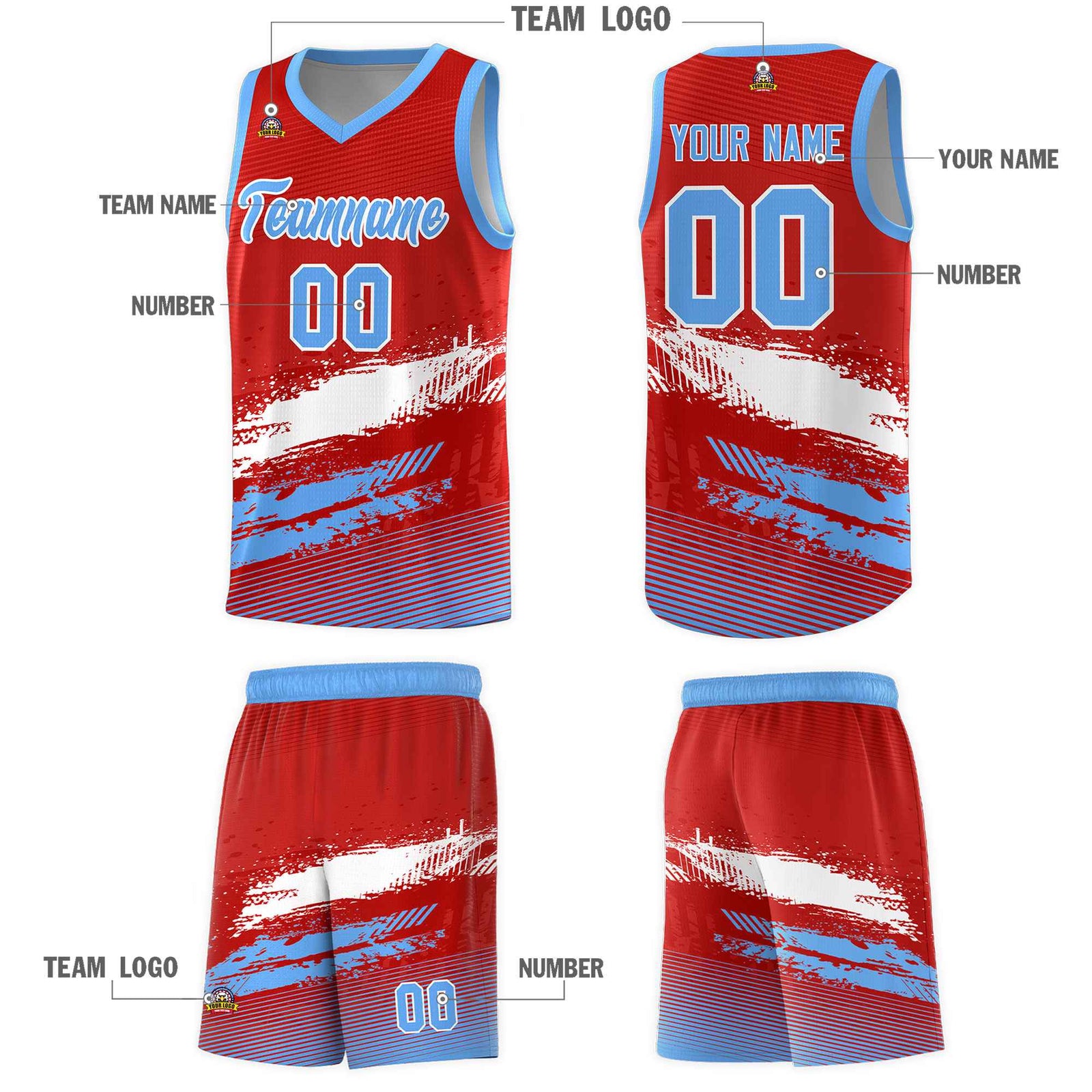 Custom Red White and Powder Blue Graffiti Pattern Sports Uniform Basketball Jersey