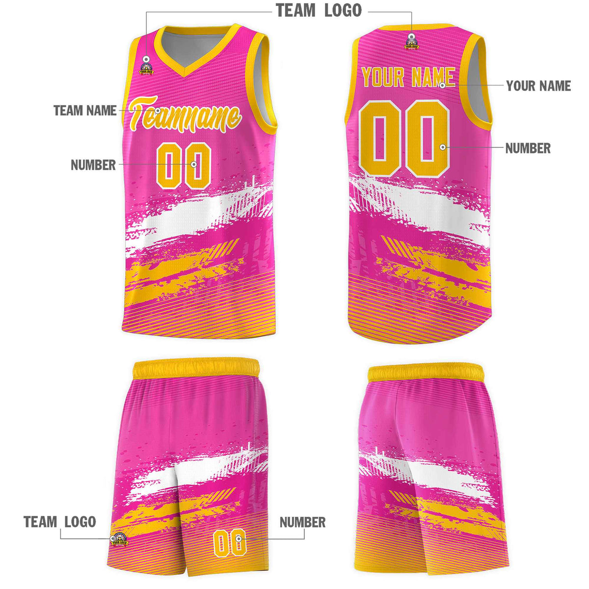 Custom Pink White and Yellow Graffiti Pattern Sports Uniform Basketball Jersey