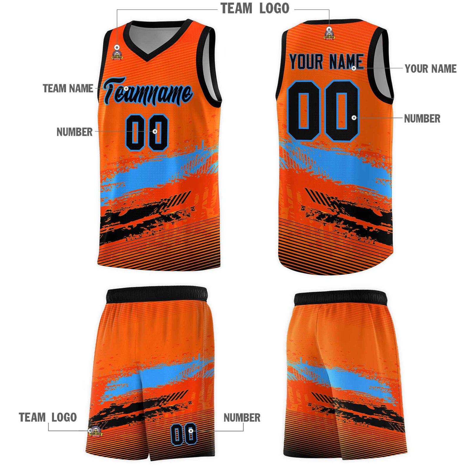 Custom Orange Powder Blue and Black Graffiti Pattern Sports Uniform Basketball Jersey