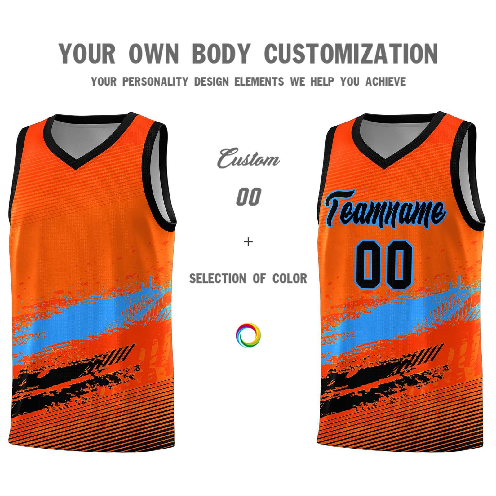 Custom Orange Powder Blue and Black Graffiti Pattern Sports Uniform Basketball Jersey