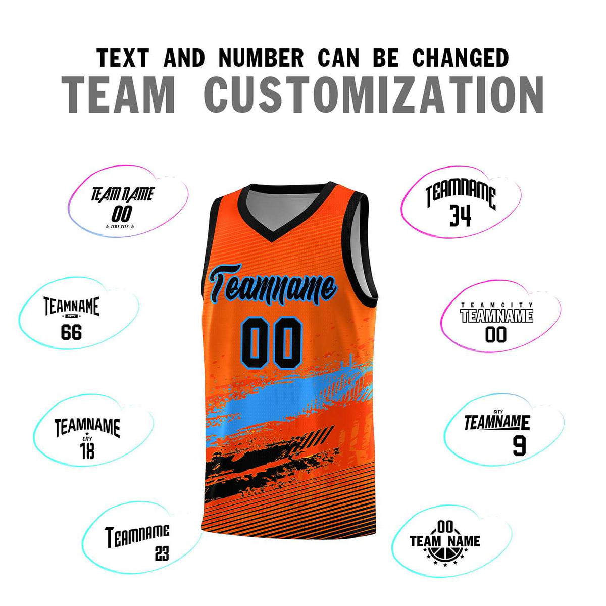 Custom Orange Powder Blue and Black Graffiti Pattern Sports Uniform Basketball Jersey
