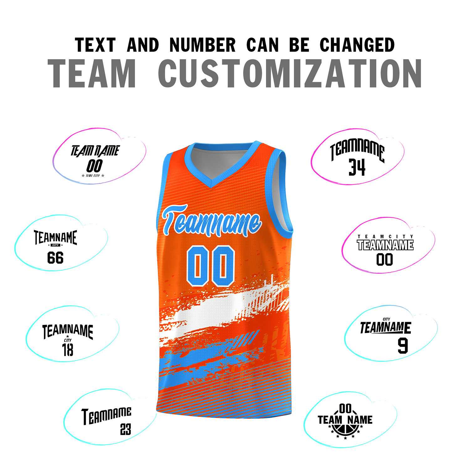 Custom Orange White and Powder Blue Graffiti Pattern Sports Uniform Basketball Jersey