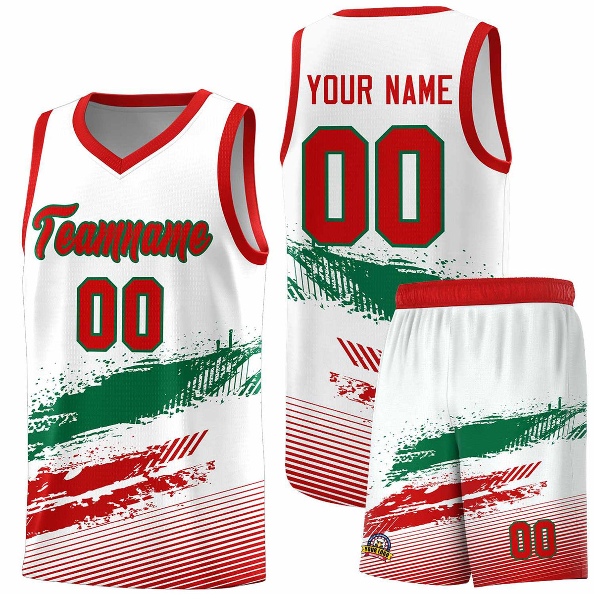 Custom White Kelly Green and Red Graffiti Pattern Sports Uniform Basketball Jersey