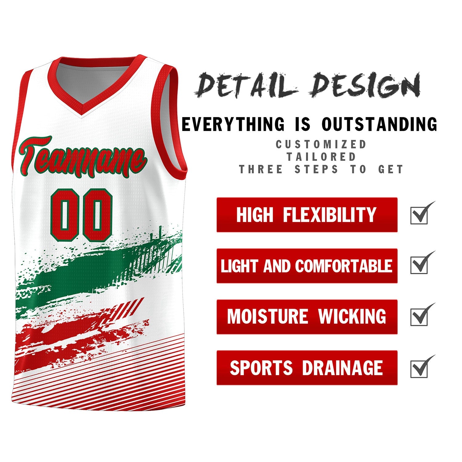 Custom White Kelly Green and Red Graffiti Pattern Sports Uniform Basketball Jersey