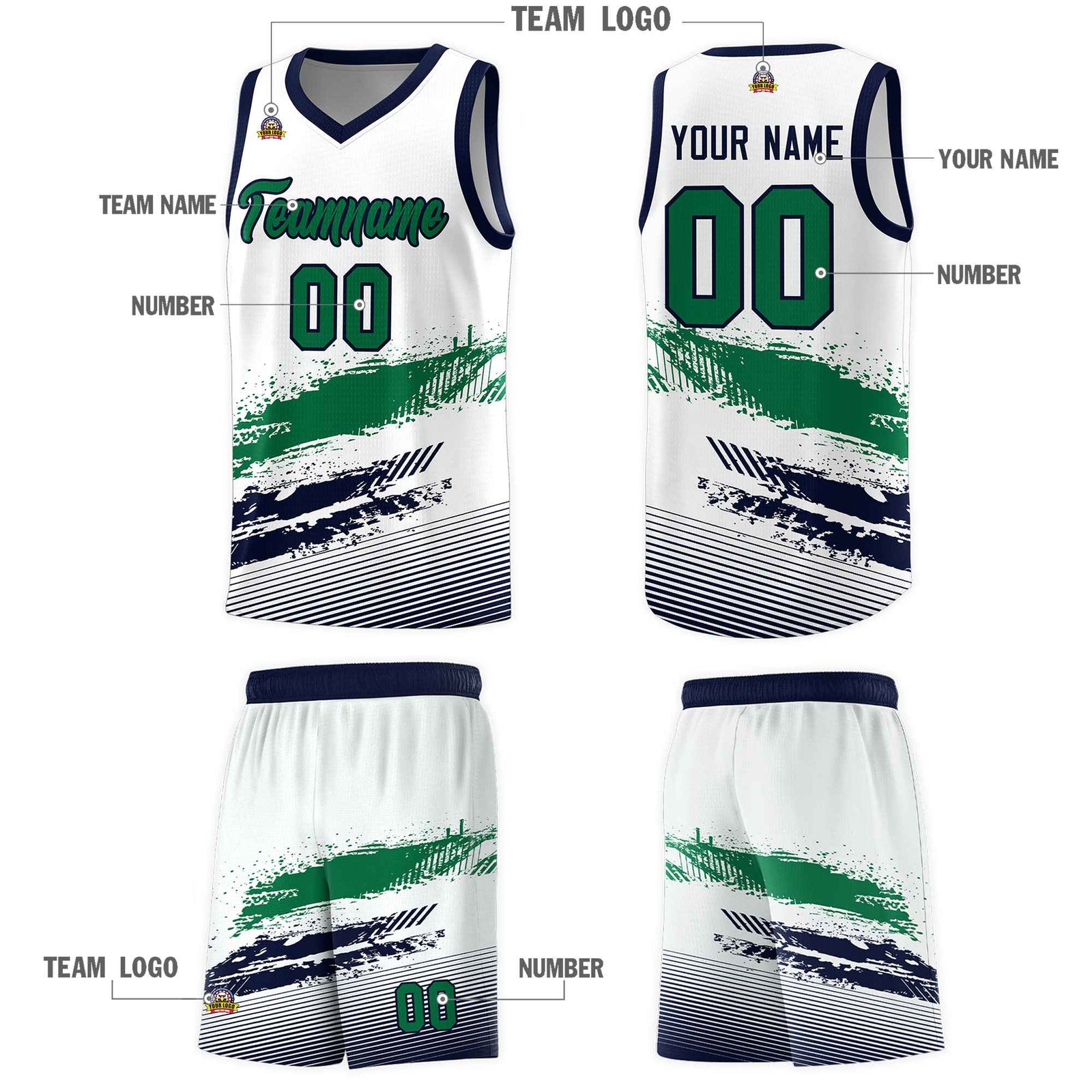 Custom White Kelly Green and Navy Graffiti Pattern Sports Uniform Basketball Jersey