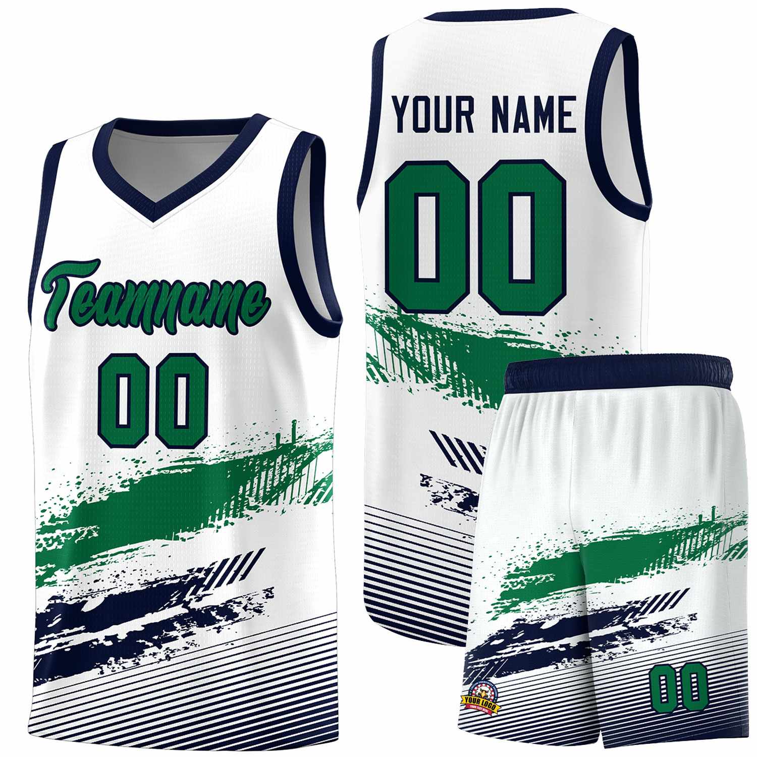 Custom White Kelly Green and Navy Graffiti Pattern Sports Uniform Basketball Jersey