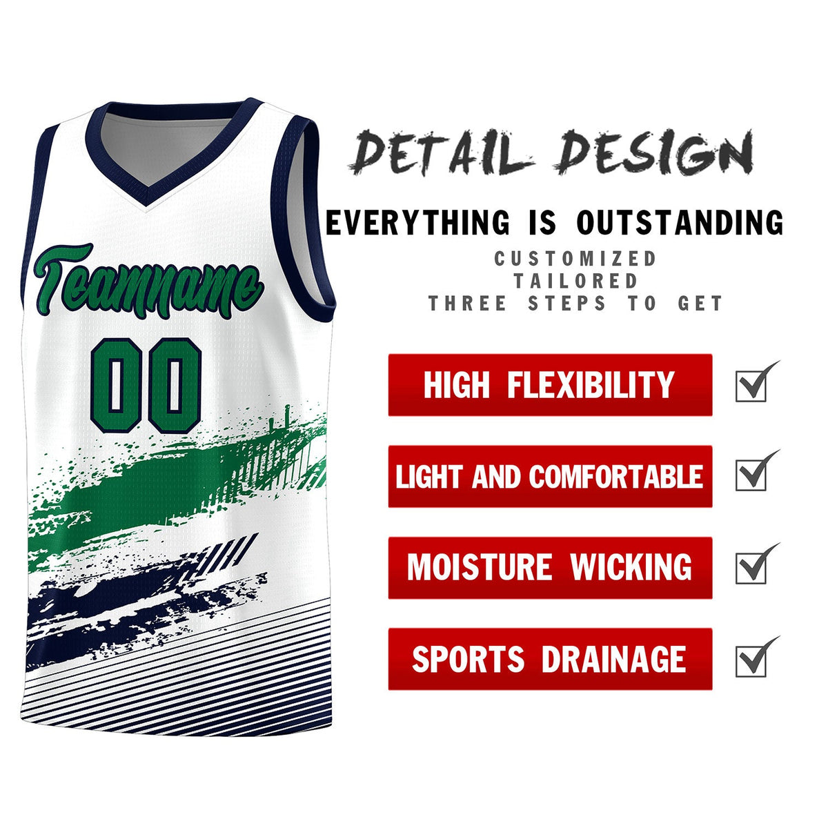 Custom White Kelly Green and Navy Graffiti Pattern Sports Uniform Basketball Jersey