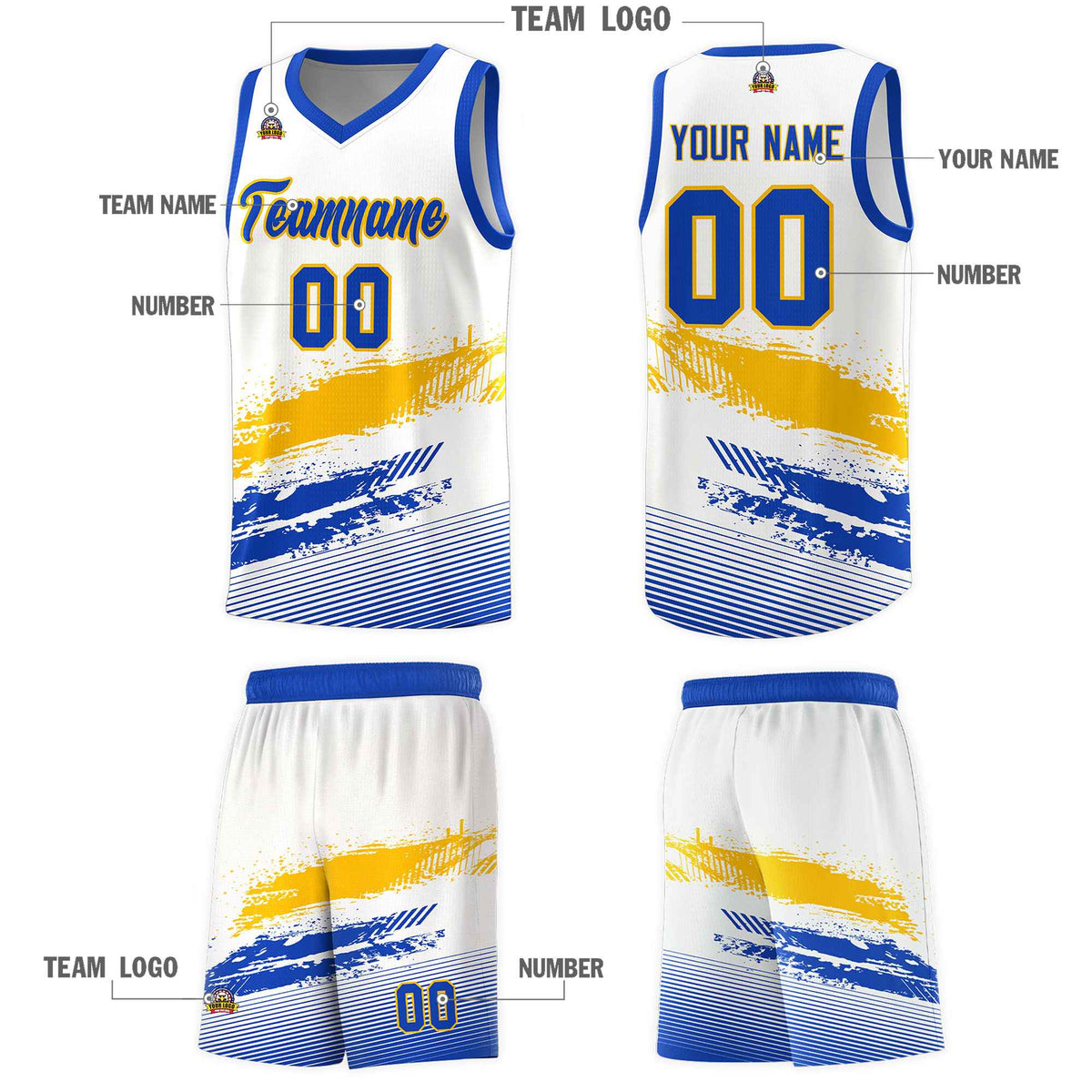 Custom White Yellow and Royal Graffiti Pattern Sports Uniform Basketball Jersey