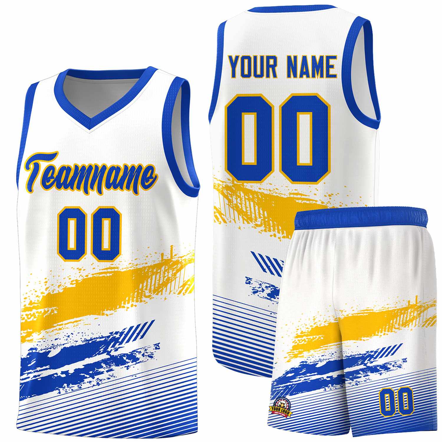 Custom White Yellow and Royal Graffiti Pattern Sports Uniform Basketball Jersey