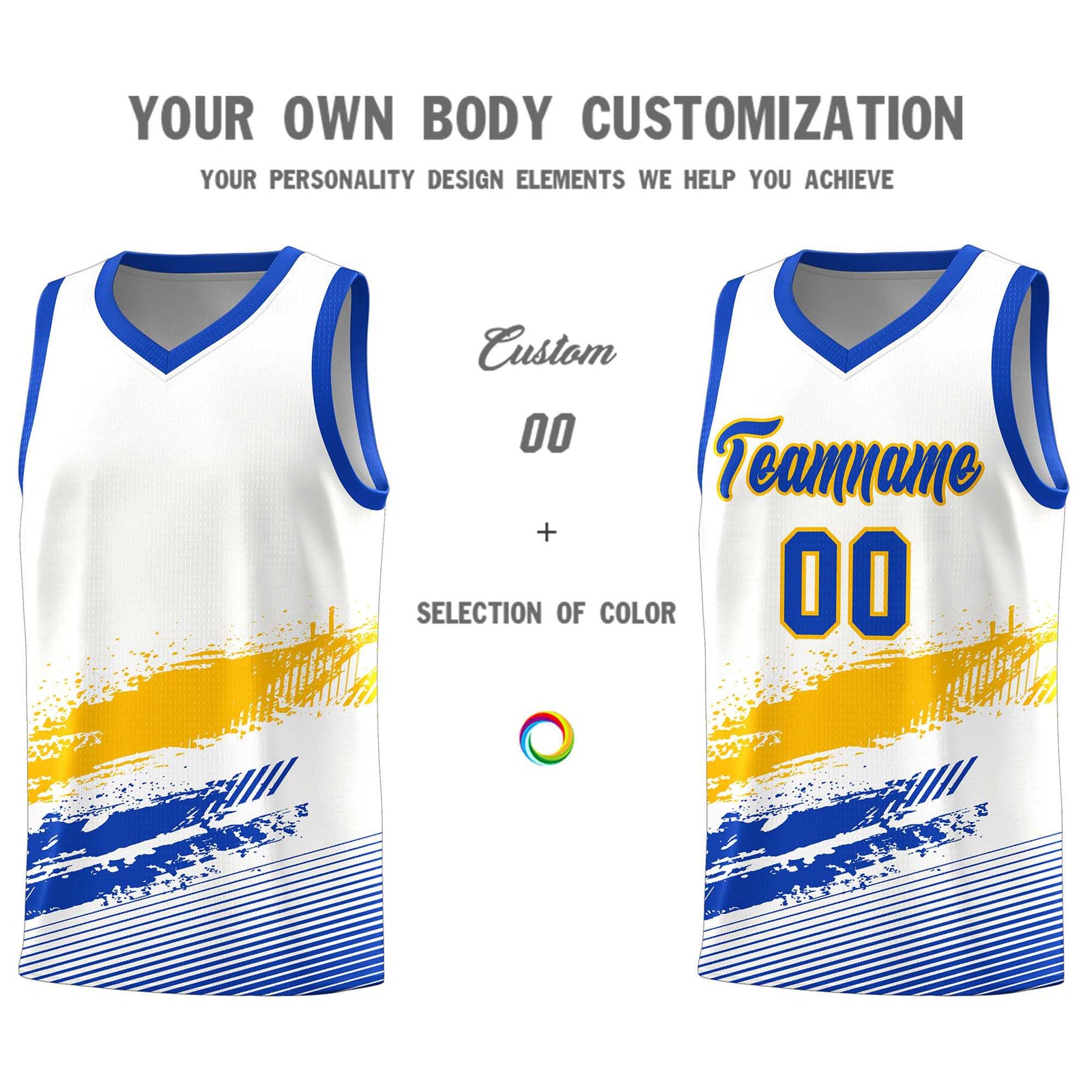 Custom White Yellow and Royal Graffiti Pattern Sports Uniform Basketball Jersey