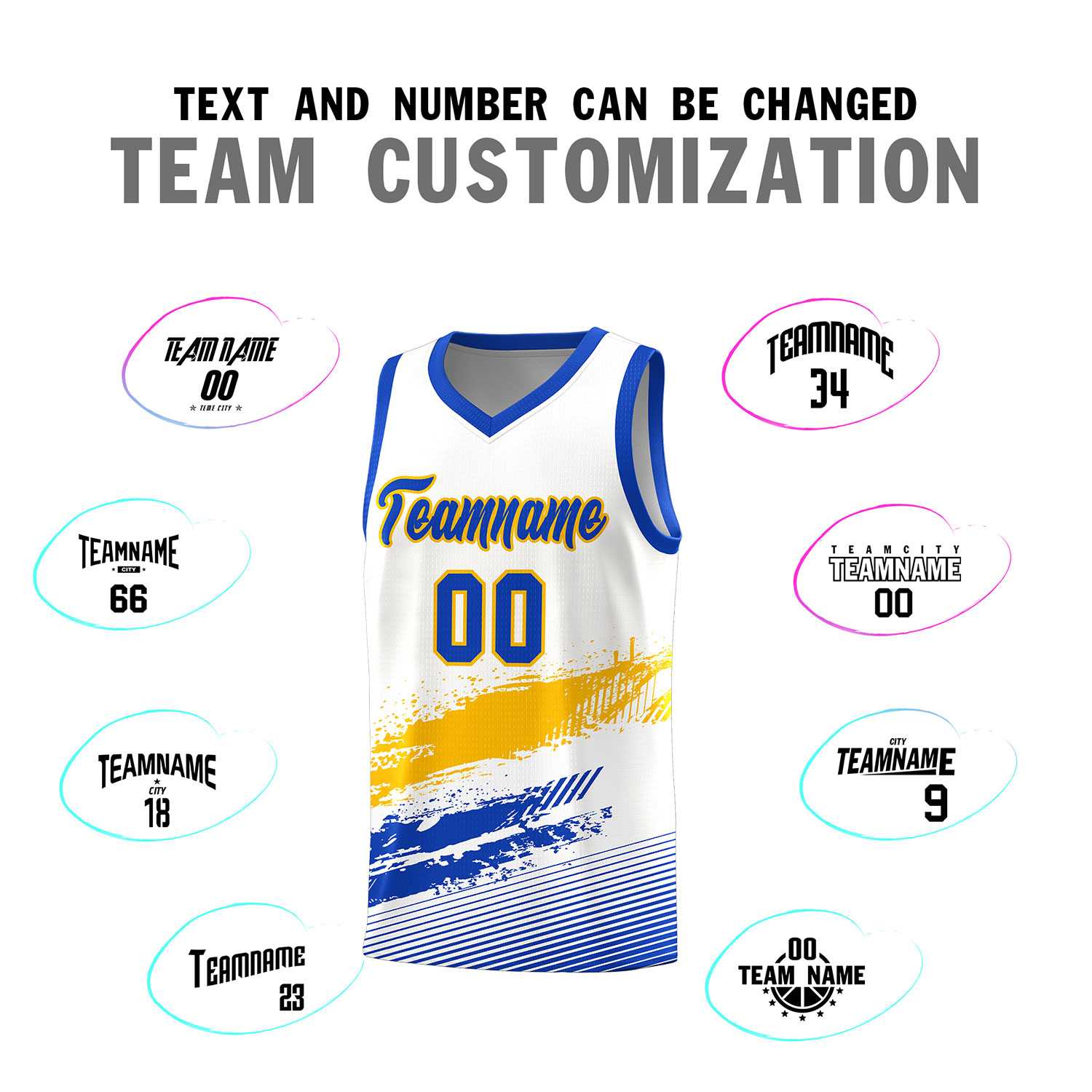 Custom White Yellow and Royal Graffiti Pattern Sports Uniform Basketball Jersey
