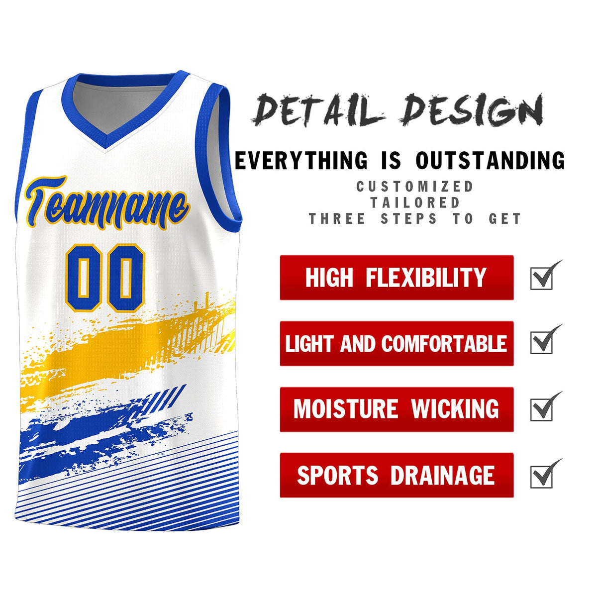 Custom White Yellow and Royal Graffiti Pattern Sports Uniform Basketball Jersey