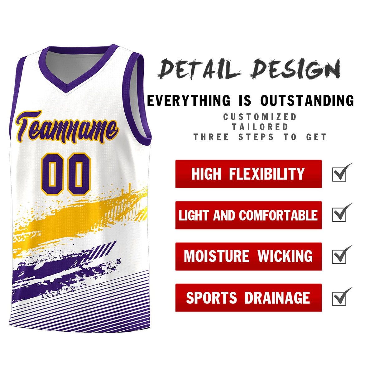Custom White Yellow and Purple Graffiti Pattern Sports Uniform Basketball Jersey
