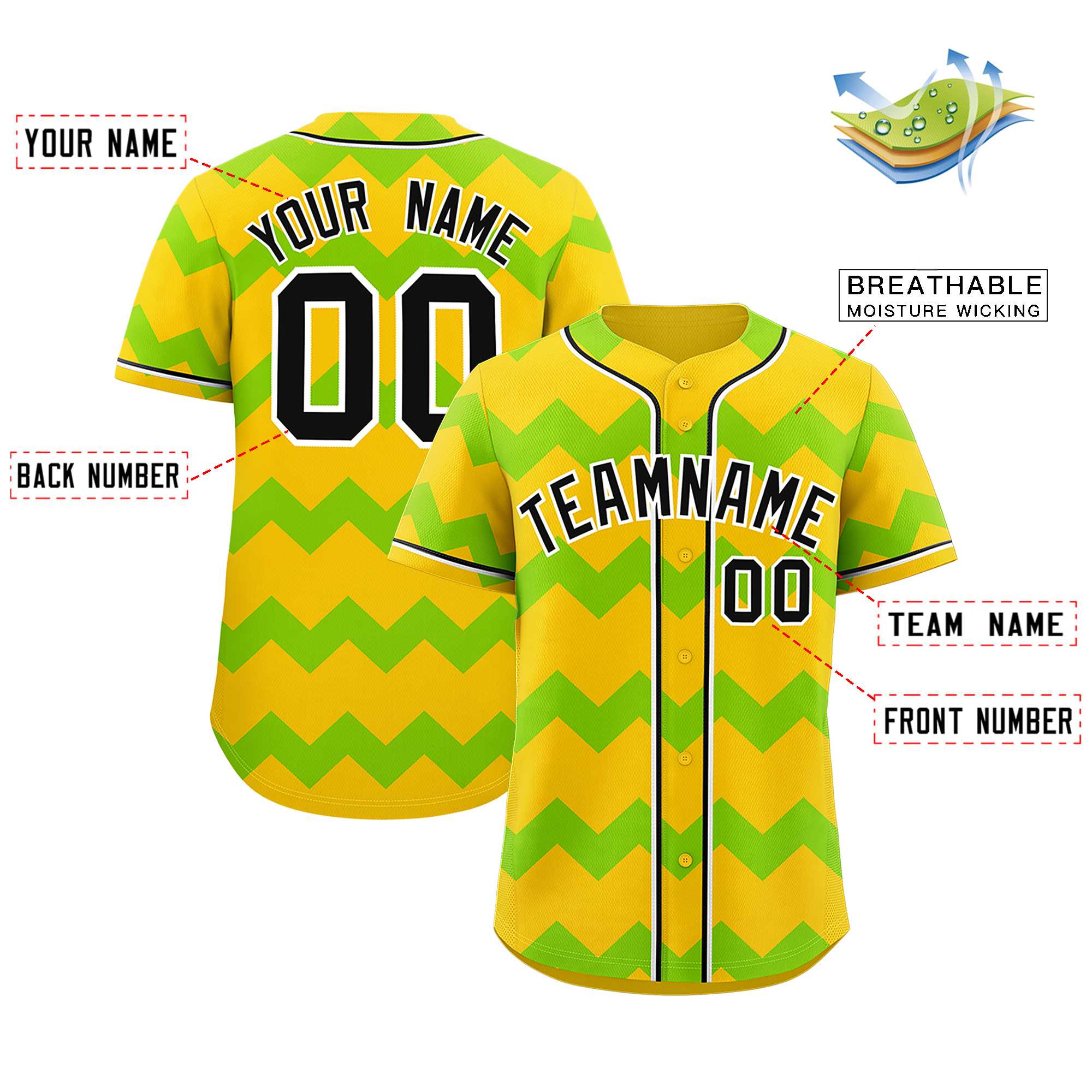 Custom Gold-Neon Green Black Personalized Ripple Design Authentic Baseball Jersey