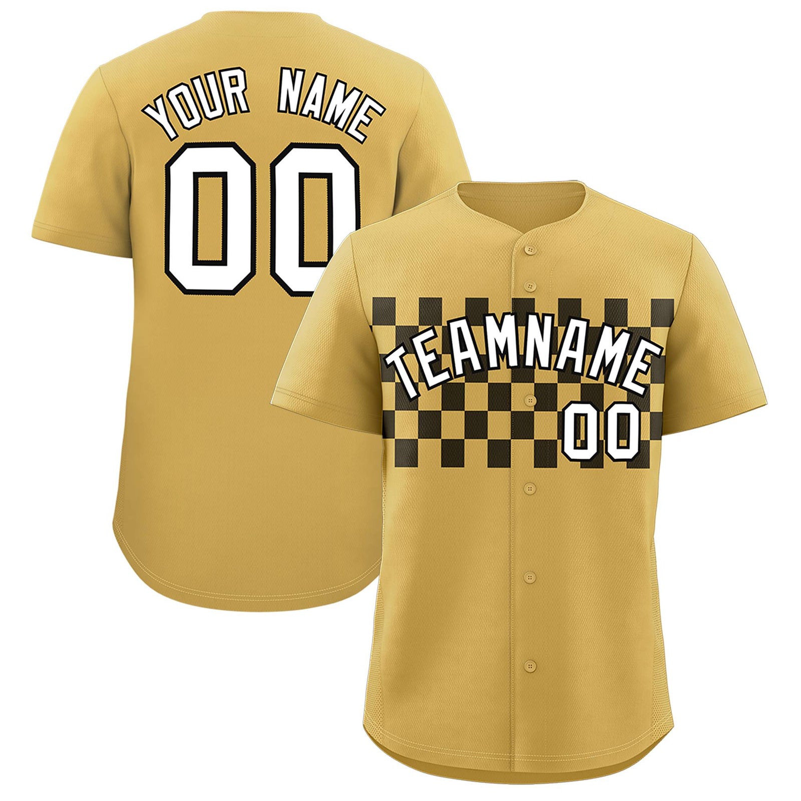 Custom Old Gold Black Personalized Plaid Fashion Design Authentic Baseball Jersey