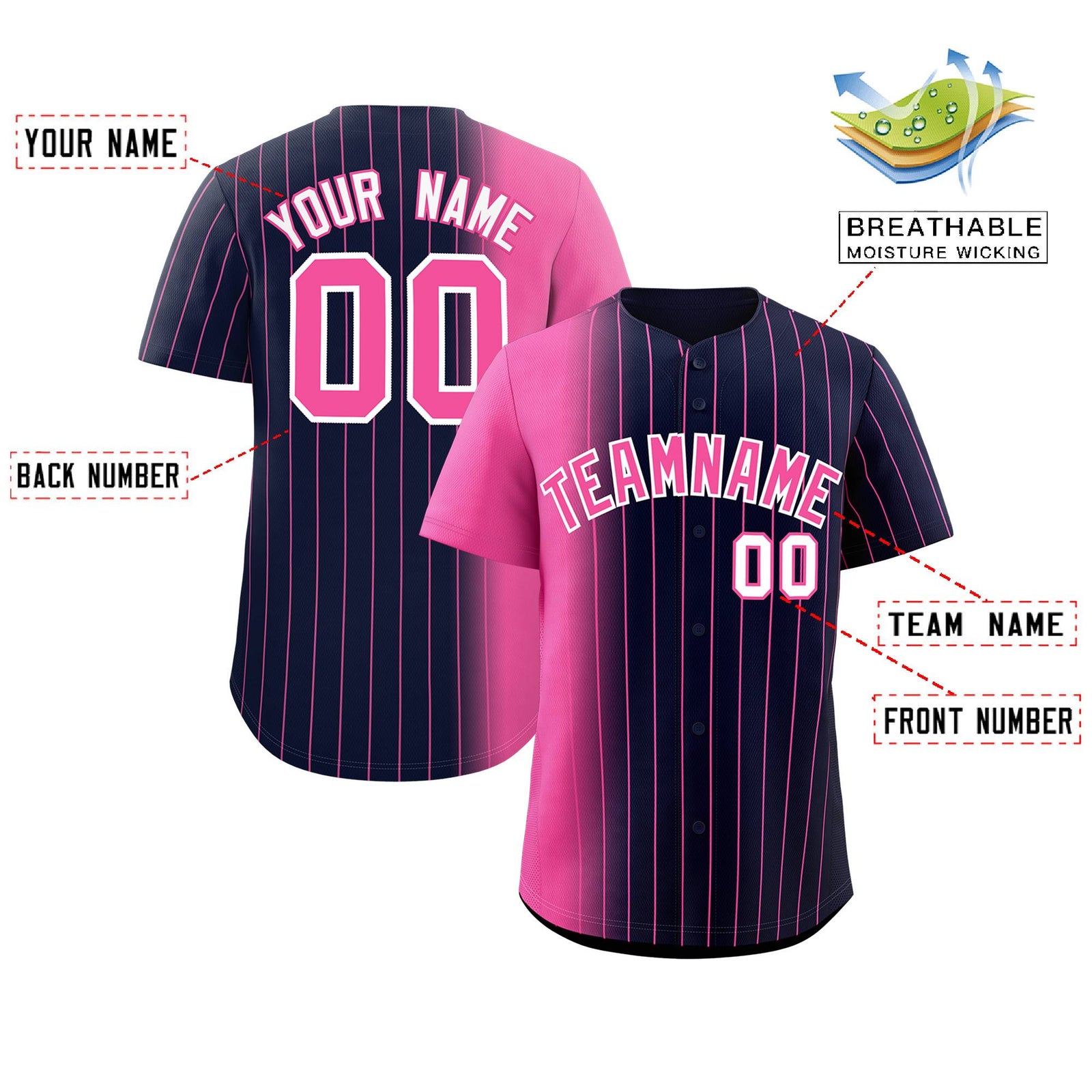 Custom Navy Pink Pinstripe Personalized Gradient Authentic Baseball Jersey