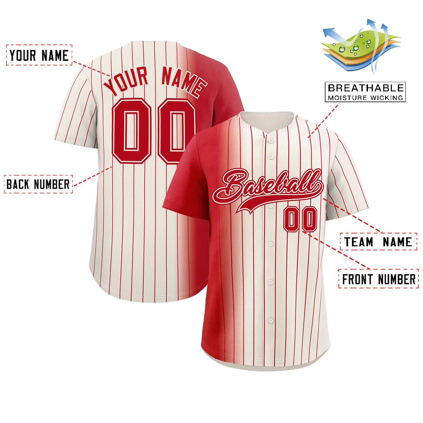 Custom Cream Red Pinstripe Personalized Gradient Authentic Baseball Jersey