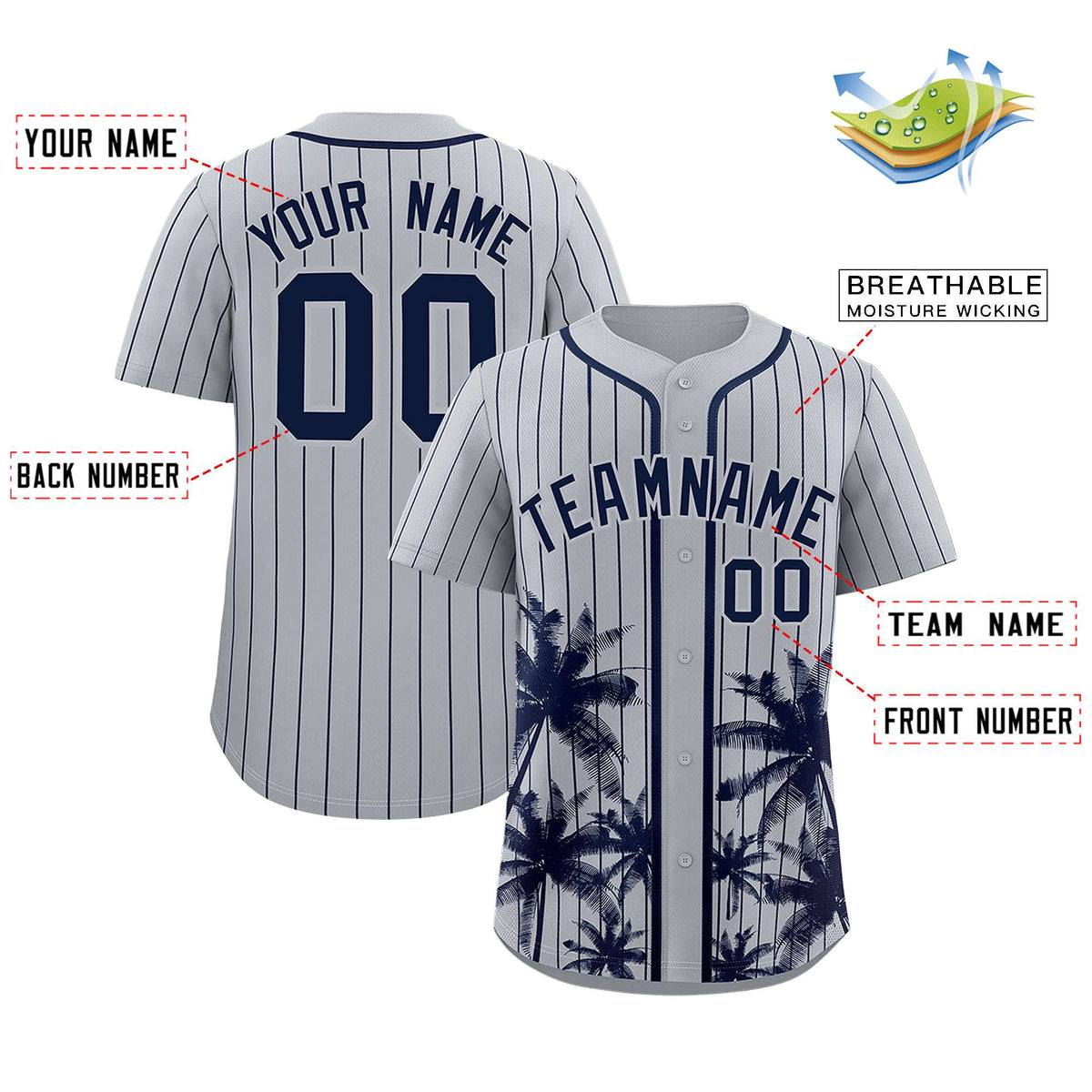 Custom Gray Navy Pinstripe Coconut Tree Pattern Authentic Baseball Jersey