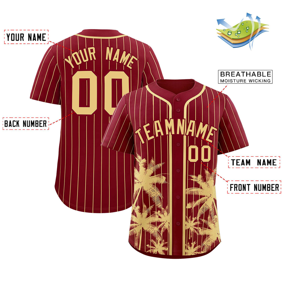 Custom Crimson Khaki Pinstripe Coconut Tree Pattern Authentic Baseball Jersey