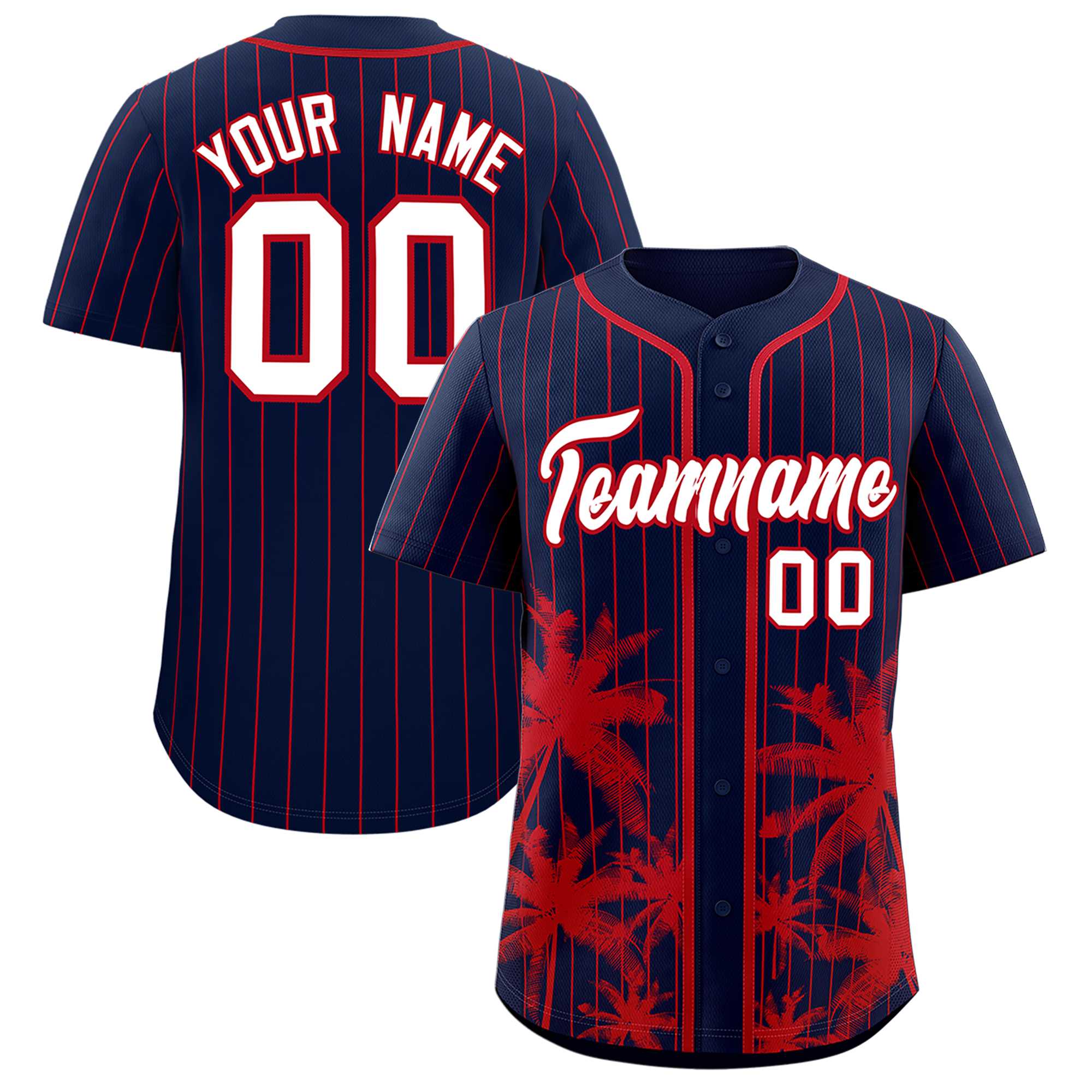 Custom Navy Red Pinstripe Coconut Tree Pattern Authentic Baseball Jersey