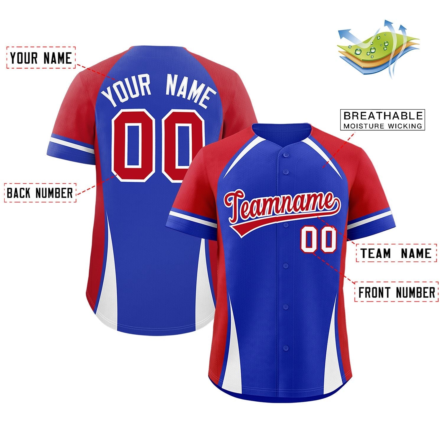 Custom Royal Red-White Personalized Color Block Authentic Baseball Jersey