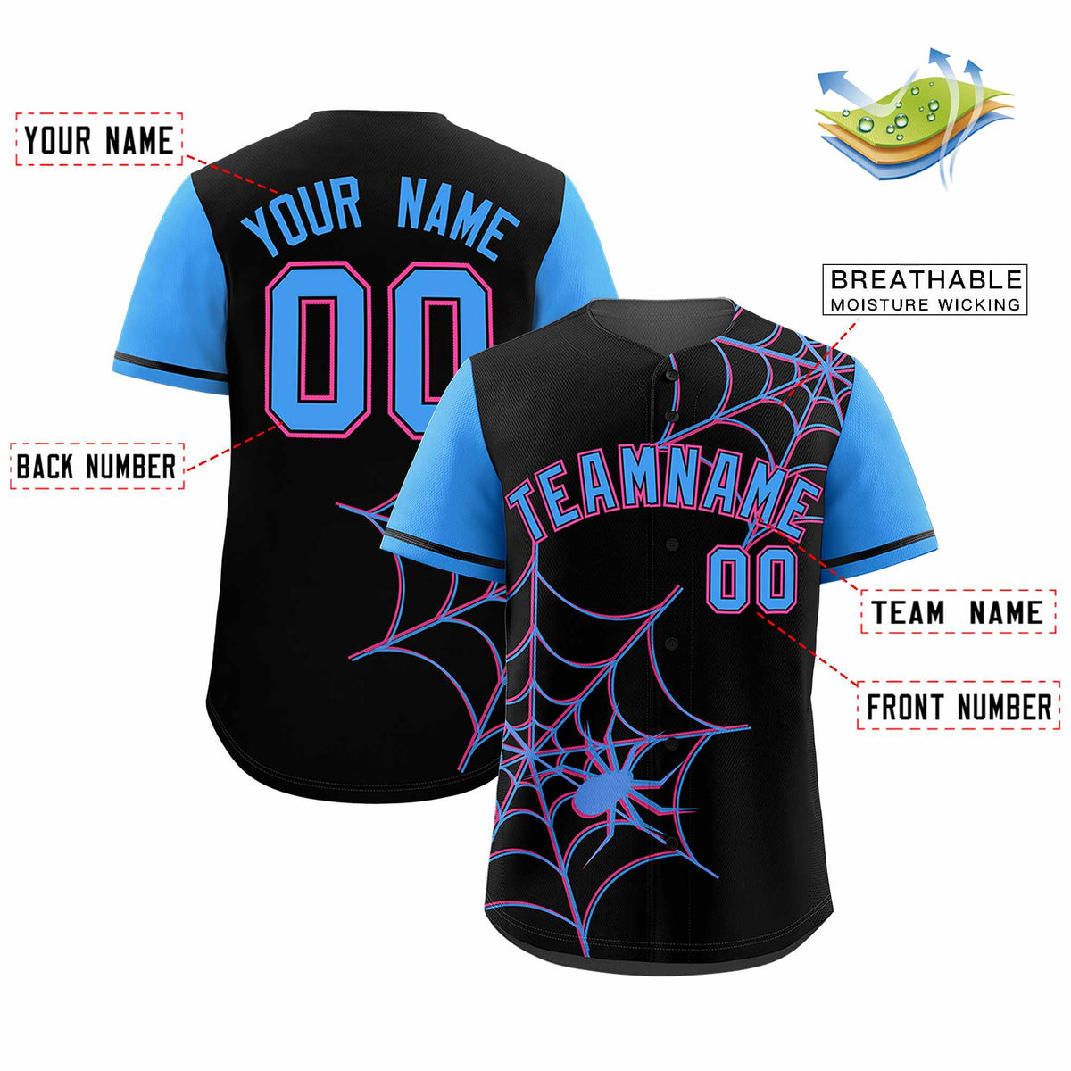Custom Black-Powder Blue Spider Web Pattern Raglan Sleeves Authentic Baseball Jersey
