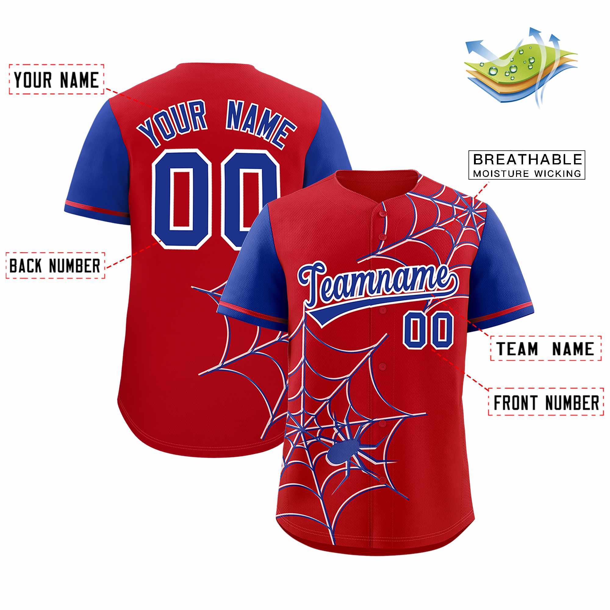 Custom Red-Royal Spider Web Pattern Raglan Sleeves Authentic Baseball Jersey