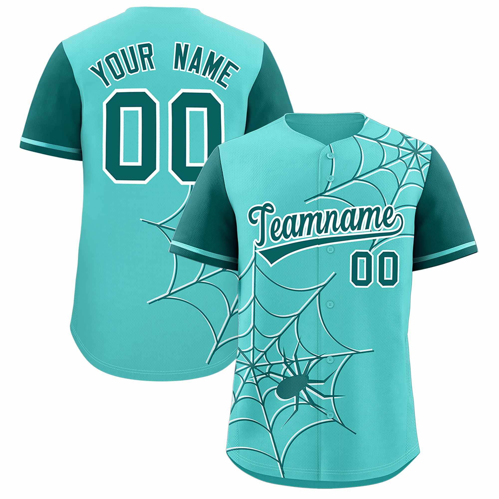 Custom Bright Green-Aqua Spider Web Pattern Raglan Sleeves Authentic Baseball Jersey