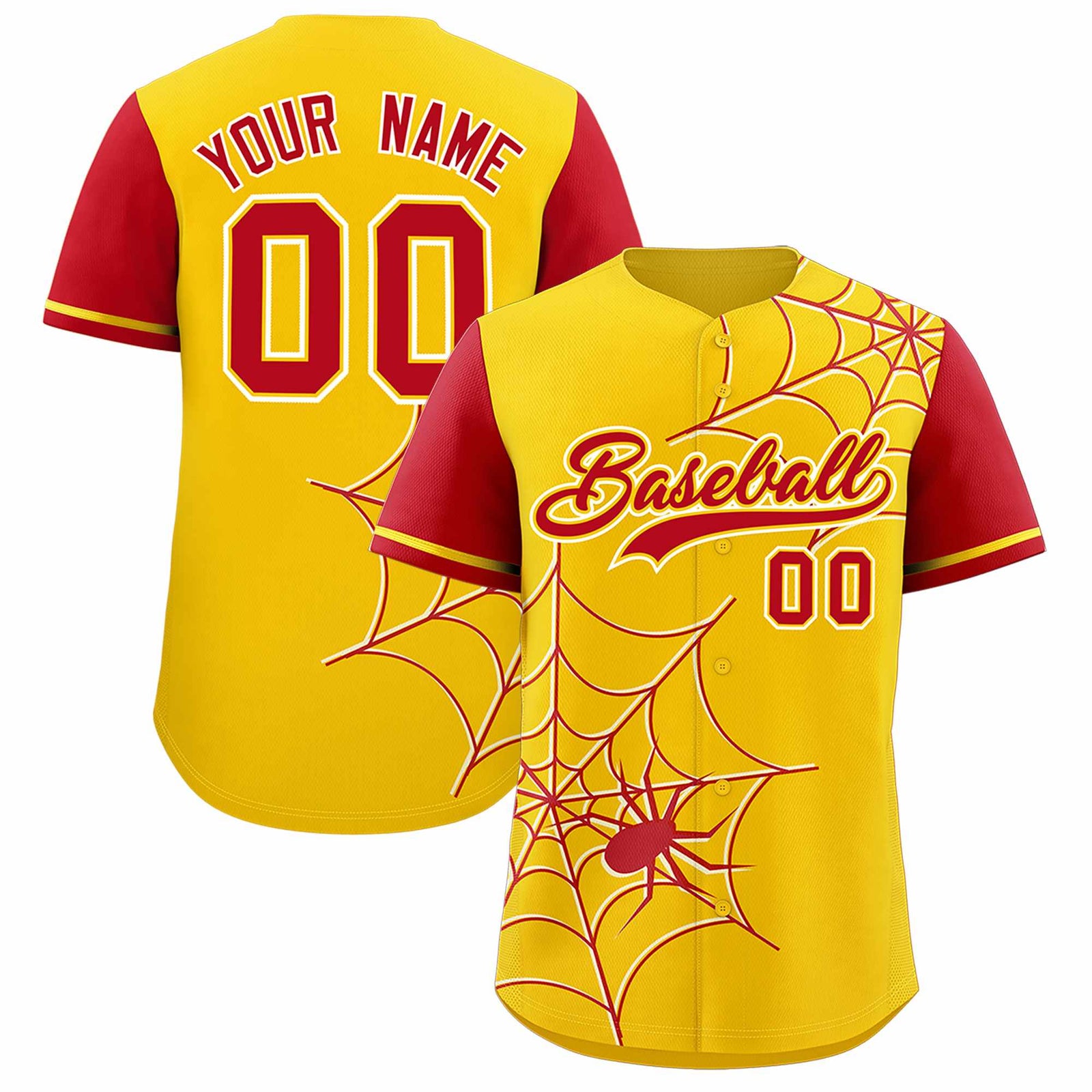 Custom Gold-Red Spider Web Pattern Raglan Sleeves Authentic Baseball Jersey