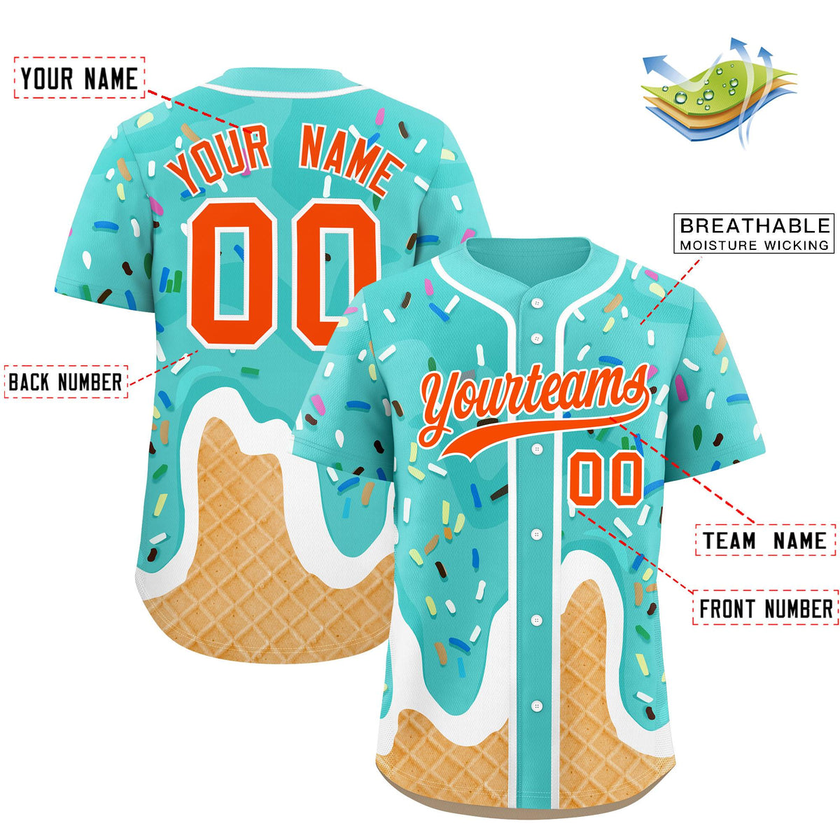 Custom Bright Green Ice Cream Cone Graffiti Pattern Fashion Authentic Baseball Jersey