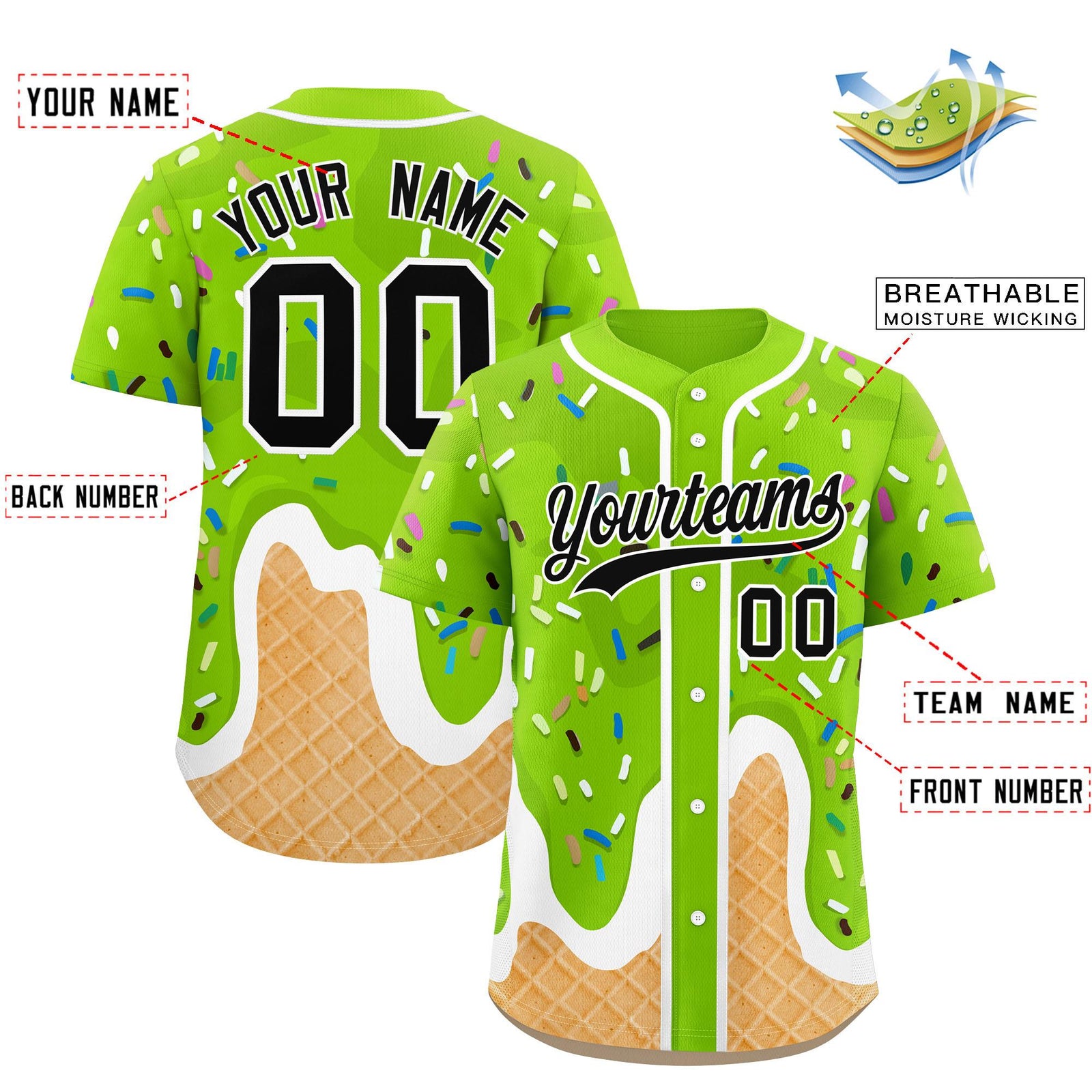 Custom Neon Green Ice Cream Cone Graffiti Pattern Fashion Authentic Baseball Jersey