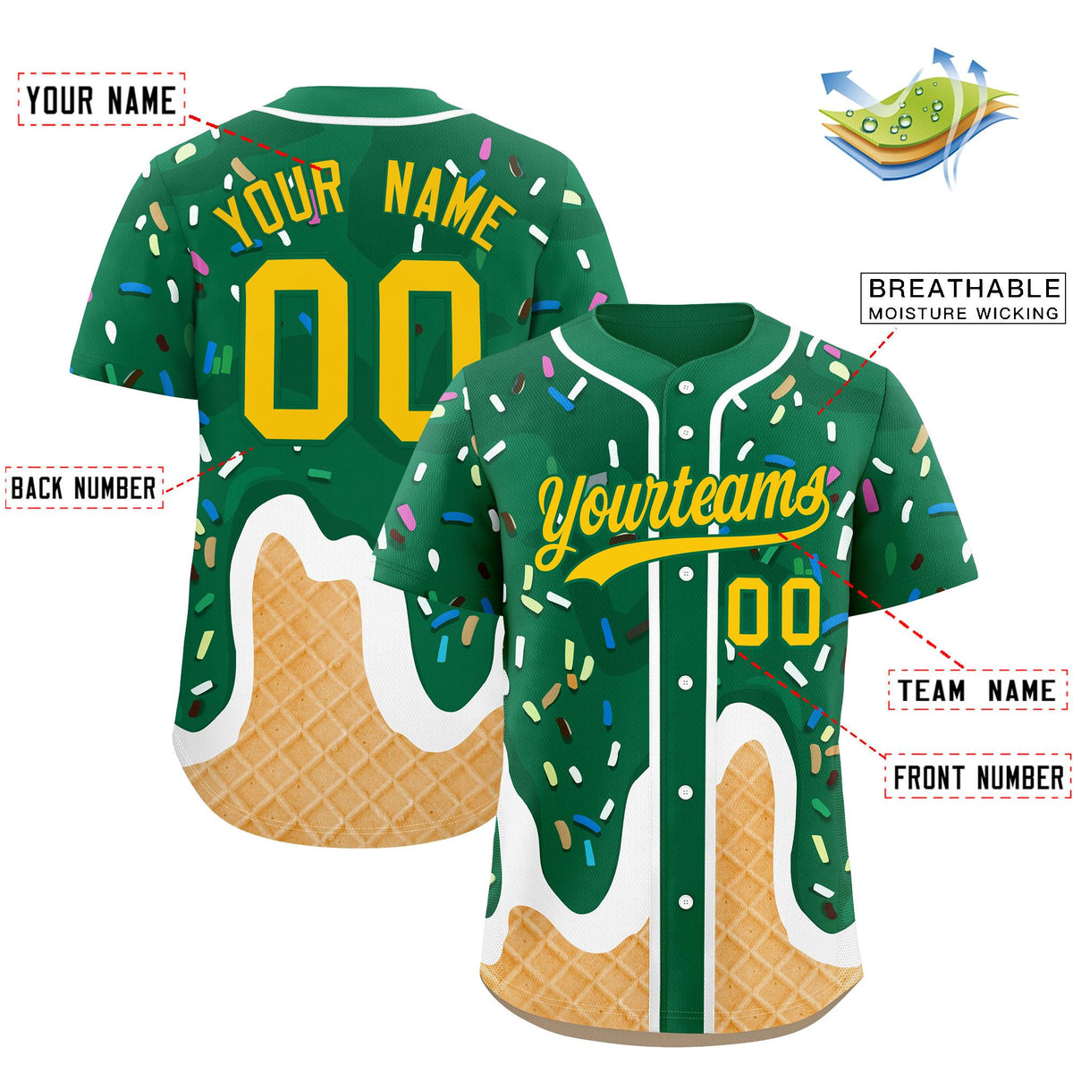 Custom Kelly Green Ice Cream Cone Graffiti Pattern Fashion Authentic Baseball Jersey