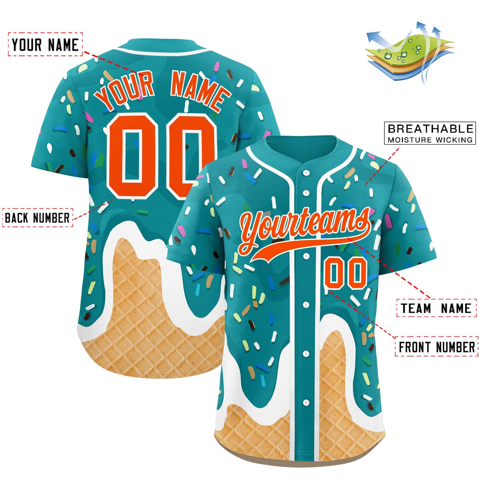 Custom Aqua Ice Cream Cone Graffiti Pattern Fashion Authentic Baseball Jersey