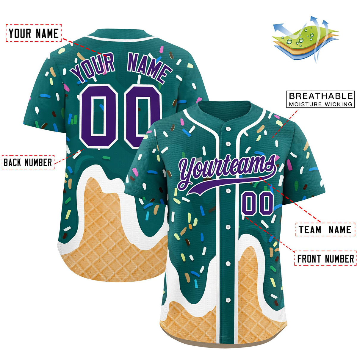 Custom Aqua Ice Cream Cone Graffiti Pattern Fashion Authentic Baseball Jersey