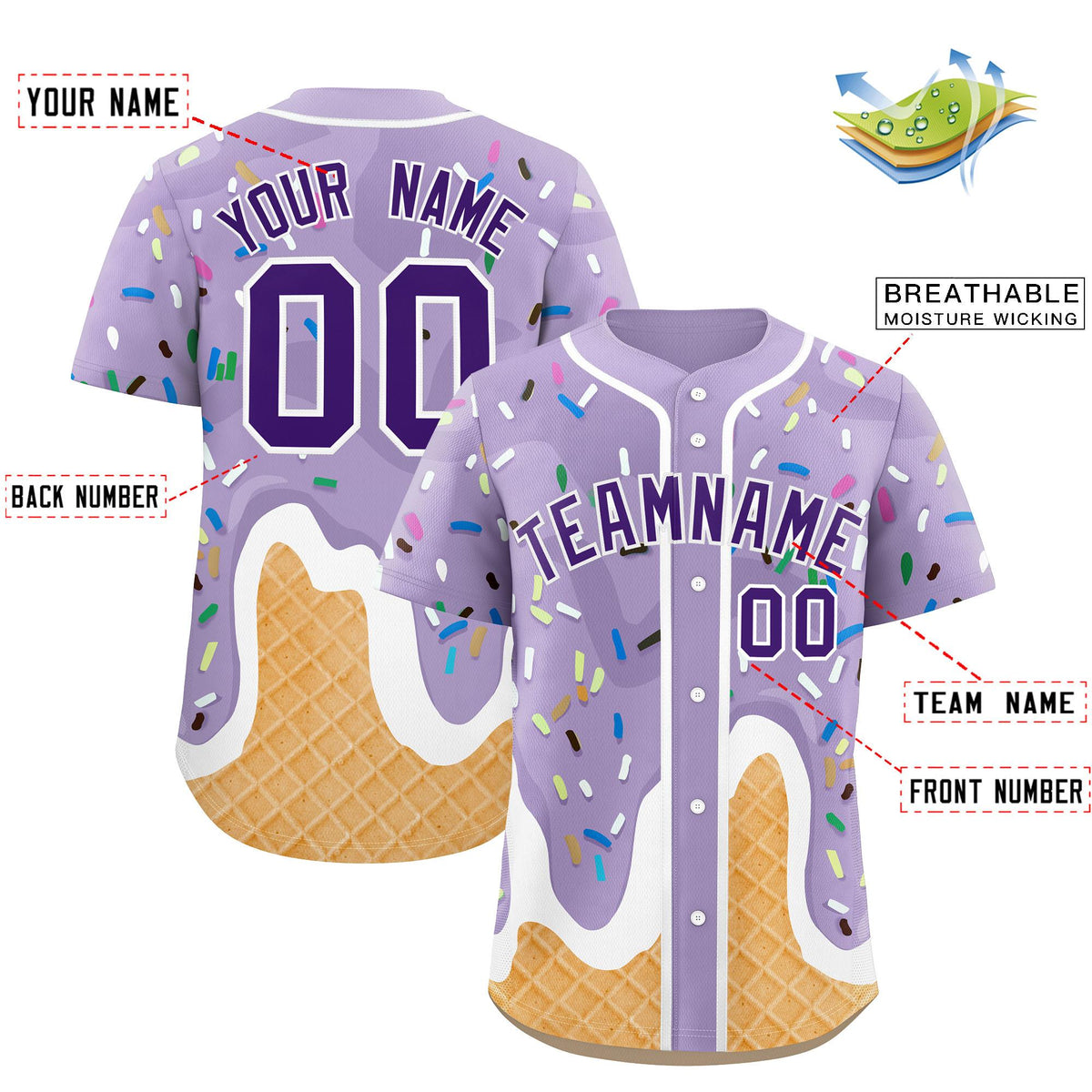 Custom Light Purple Ice Cream Cone Graffiti Pattern Fashion Authentic Baseball Jersey