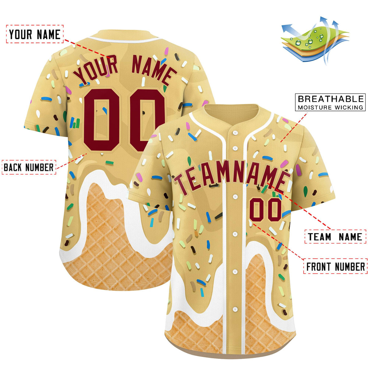 Custom Khaki Ice Cream Cone Graffiti Pattern Fashion Authentic Baseball Jersey