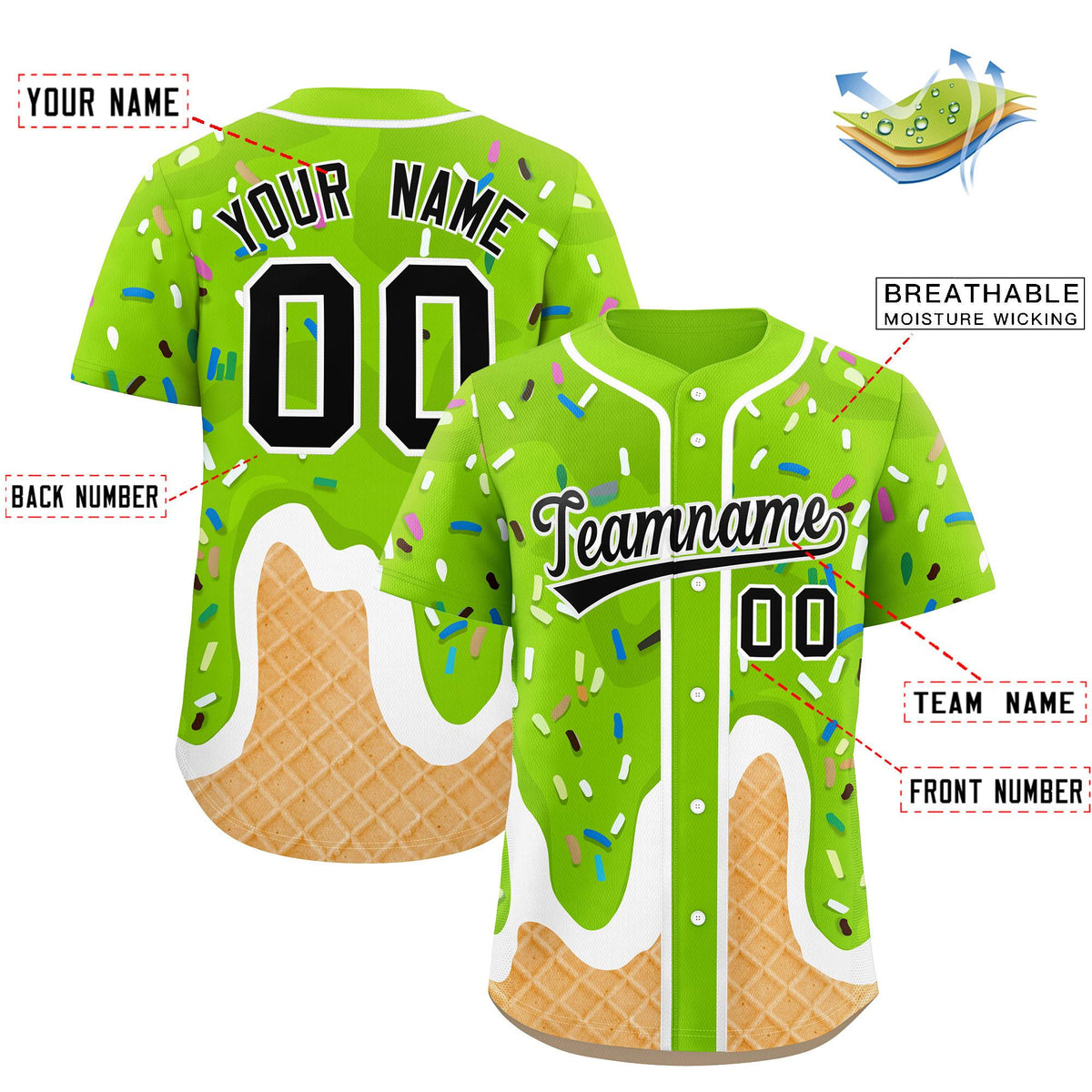Custom Neon Green Ice Cream Cone Graffiti Pattern Fashion Authentic Baseball Jersey