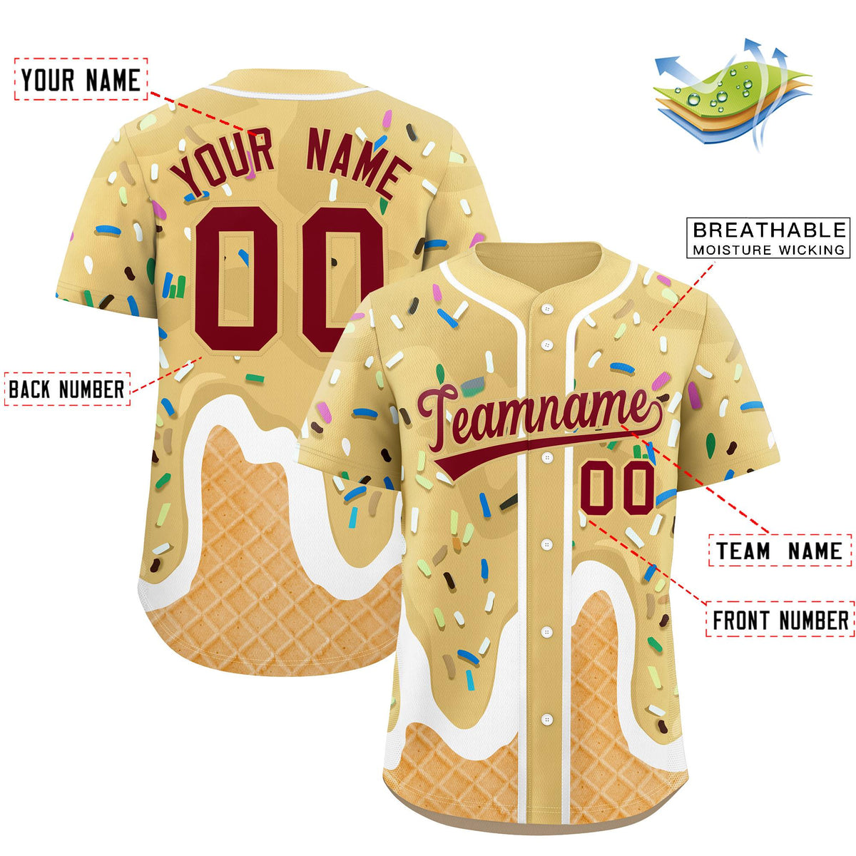 Custom Khaki Ice Cream Cone Graffiti Pattern Fashion Authentic Baseball Jersey