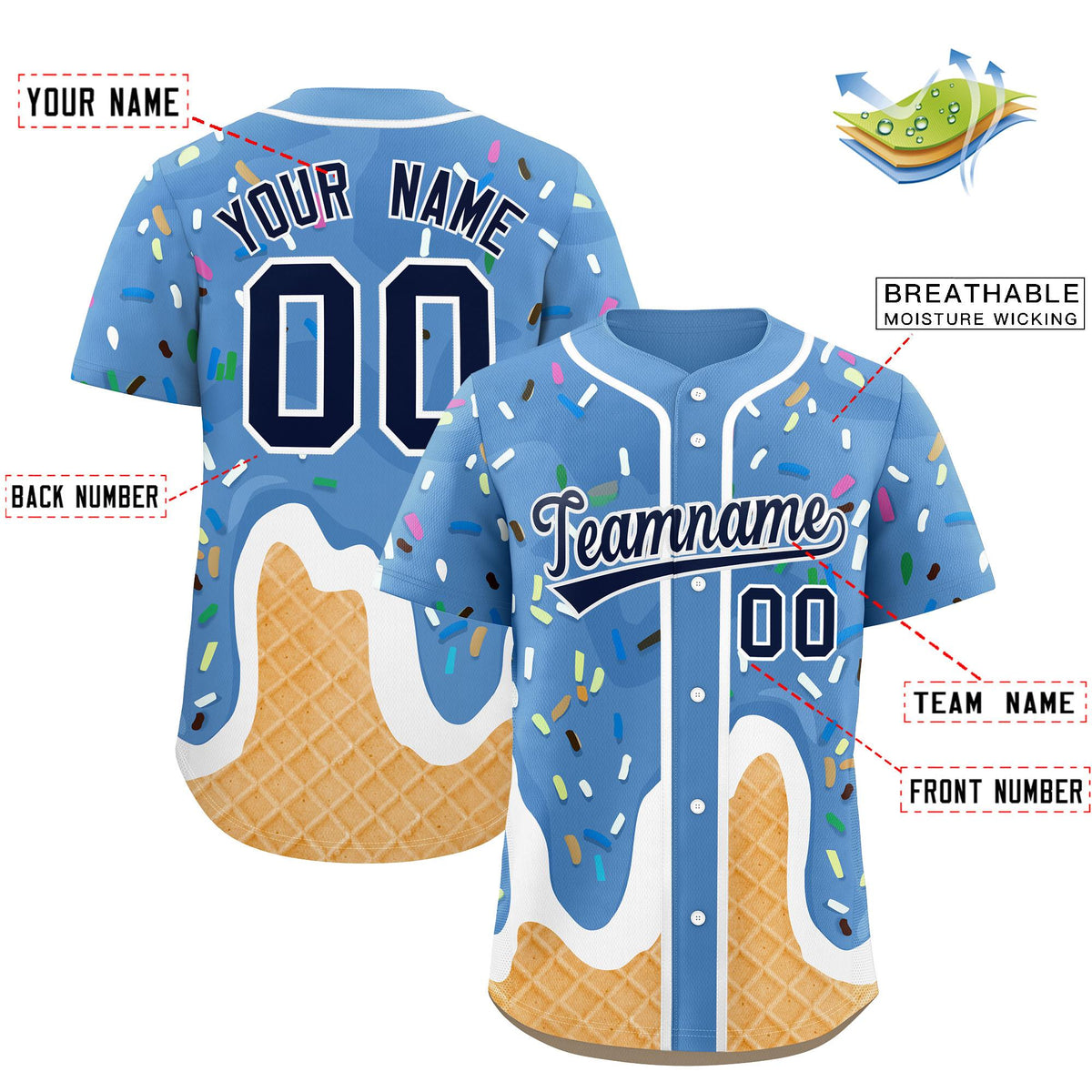 Custom Powder Blue Ice Cream Cone Graffiti Pattern Fashion Authentic Baseball Jersey