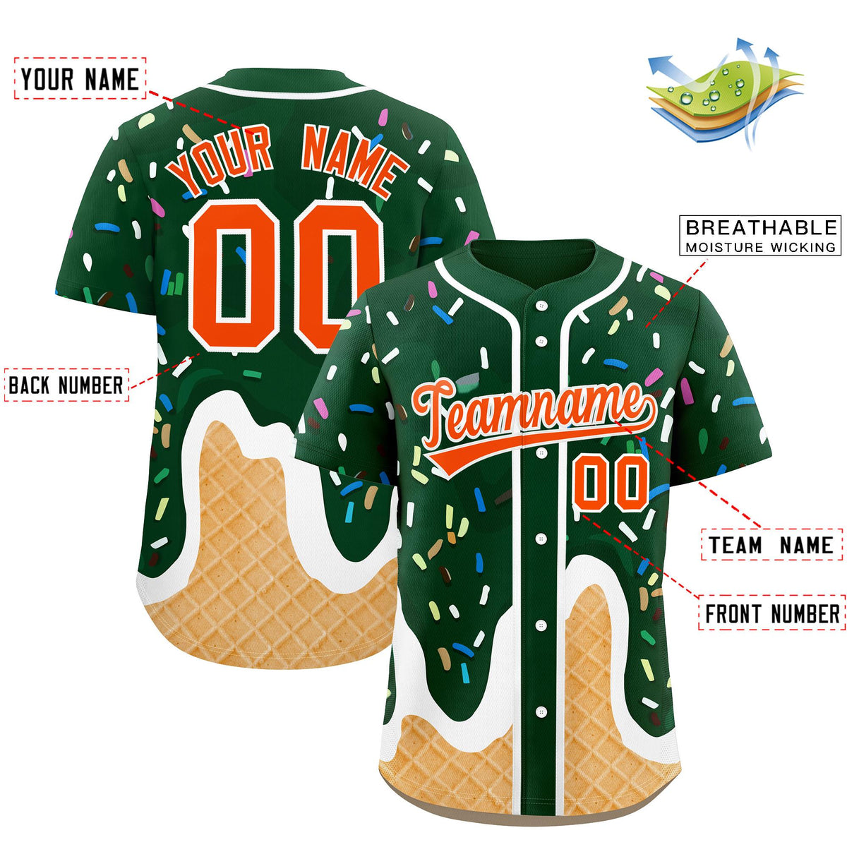 Custom Green Ice Cream Cone Graffiti Pattern Fashion Authentic Baseball Jersey