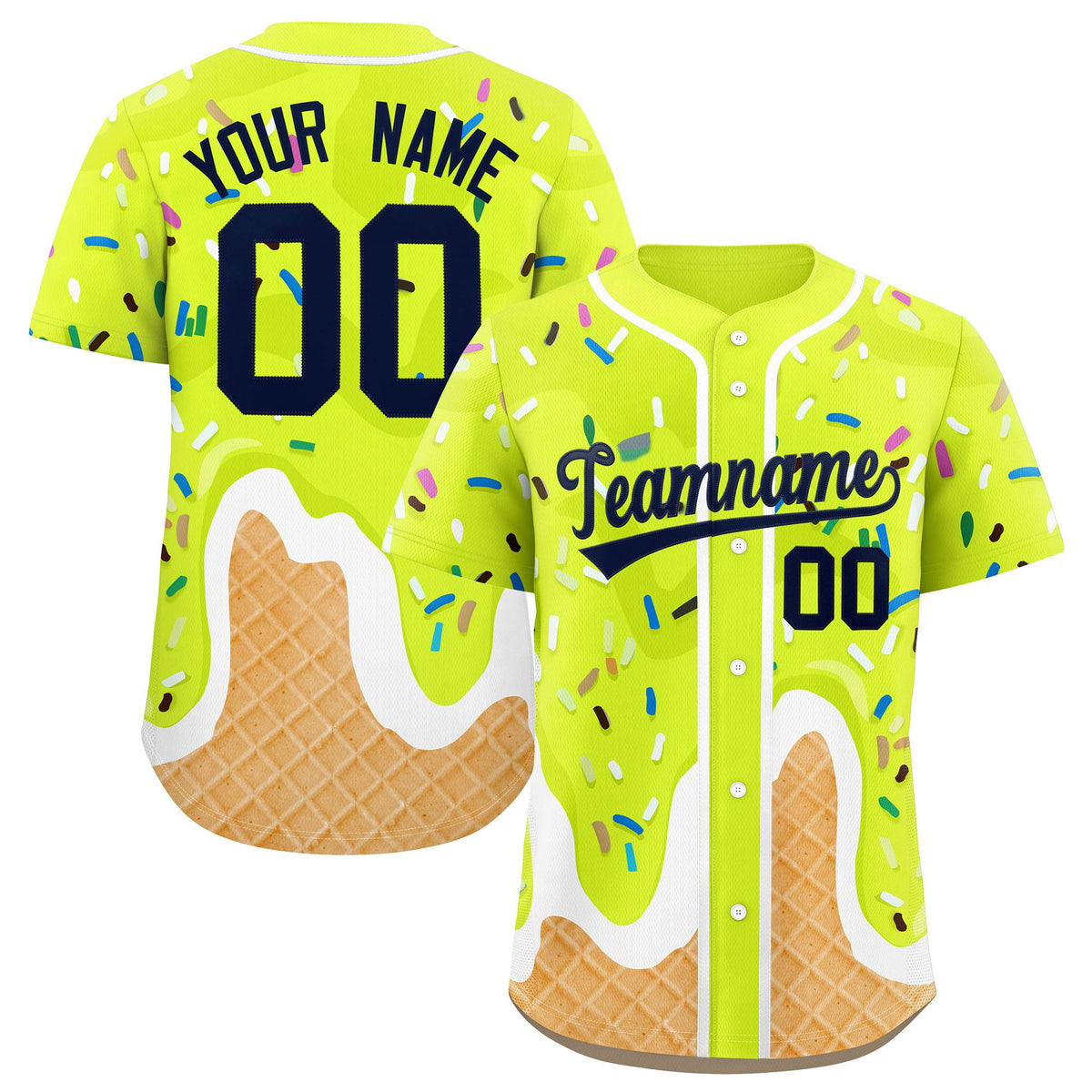 Custom Fluorescent Green Ice Cream Cone Graffiti Pattern Fashion Authentic Baseball Jersey
