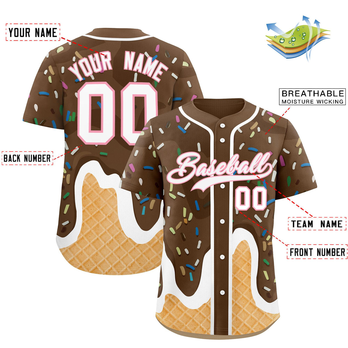 Custom Brown Ice Cream Cone Graffiti Pattern Fashion Authentic Baseball Jersey