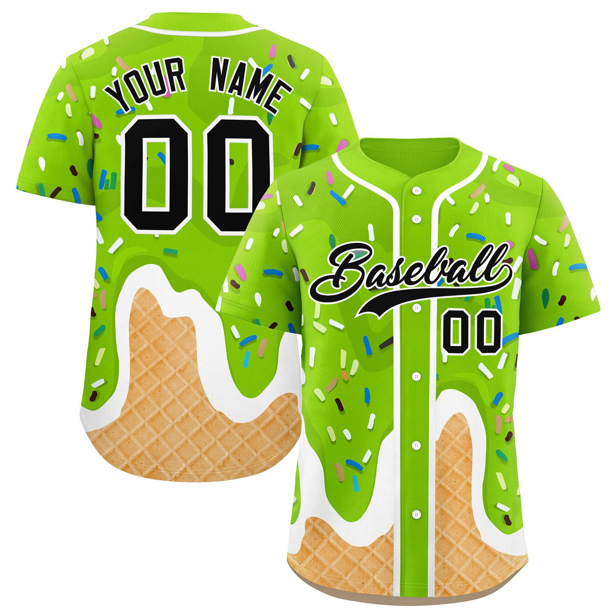 Custom Neon Green Ice Cream Cone Graffiti Pattern Fashion Authentic Baseball Jersey